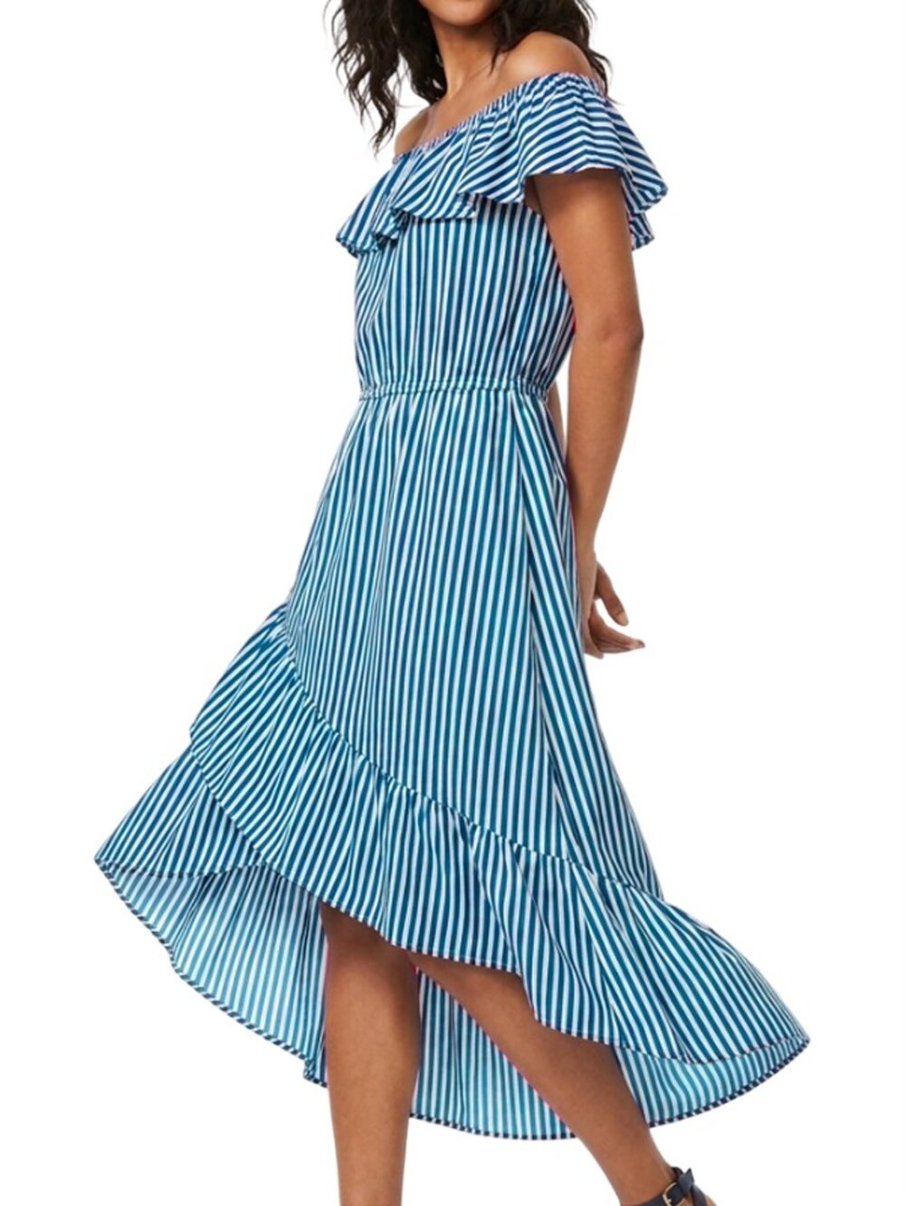 Tommy Bahama Palm Part Dress On Off Shoulder Flounce Tiered Blue White Stripe